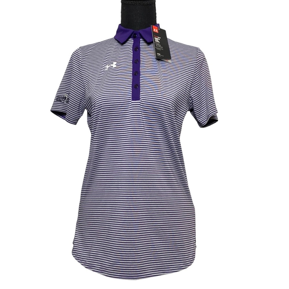 NWT Under Armour Grey Purple Striped Golf Polo Athletic Shirt XS
